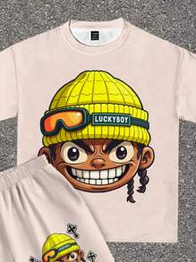 SHEIN Leap Crew 2pcs Casual Kids Tween Boys Cartoon Character & Letter Print Loose Fit Crew Neck Short Sleeve T-Shirt And Shorts 2 Pieces Set, Suitable For School, Garden, Beach, Birthday, Spring/Summer - Khaki - View 6