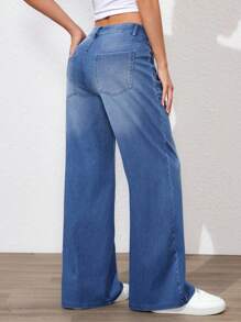 Flexra Women's Casual Loose Patchwork Pocket Wide Leg Denim Pants