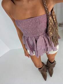 Glamine Textured Wrinkled Fabric Elastic Bandeau Top With Ruffle Hem Ruffle Top Shirred Top Women Ibiza Party Graduation Babydoll Top For Women Women's Vacation Top Daily Simple Top Western Top - Red Violet - View 2