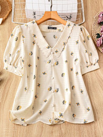 Mulvari Plus Size Women Floral Button Design Short Puff Sleeve Shirt