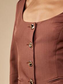 MISSGUIDED Button Front Long Sleeve Mini Dress Square Neck Bodycon Dress Fall Winter Professional Office Wear Blazer Style Tailored Dress Executive Business Attire - Brown - View 5