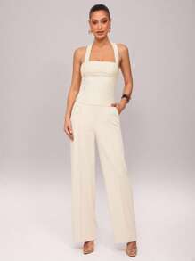 Silquee 女式纯色紧身挂脖背心 - 杏色 - 查看 5