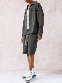 Manfinity EMRG 2pcs Men's Casual Denim Long Sleeve Shirt And Shorts Set, Fashion & Versatile Men Denim Set Men Shorts Set Boyfriend & Husband Washed Black Loose Wide Leg For Vacation