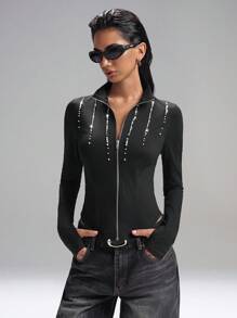 LYSMO Women's Solid Color Faux Pearl Decoration Long Sleeve Zipper Front Slim Fit Lightweight Jacket