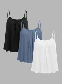 SHEIN EZwear 3pcs Plus Size Women Pleated Loose Camisole Adjustable Strap Top, Suitable For Spring And Summer Back To School