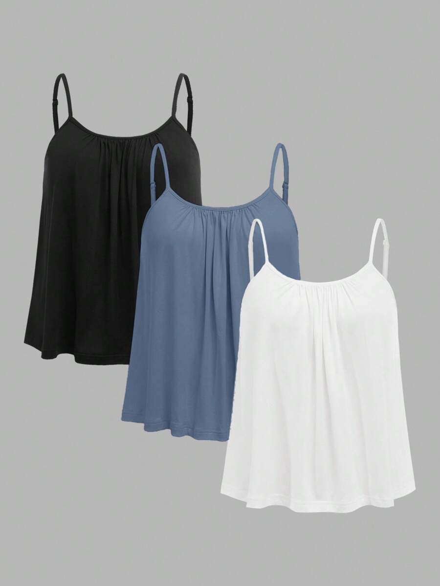 SHEIN EZwear 3pcs Plus Size Women Pleated Loose Camisole Adjustable Strap Top, Suitable For Spring And Summer Back To School