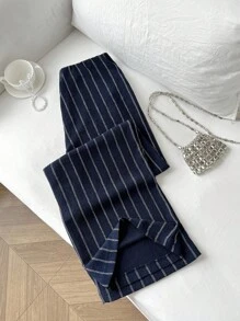 Elamini 女士休闲条纹宽松通勤裤，百搭日常穿着，学院风 - 藏蓝色 - 查看 1