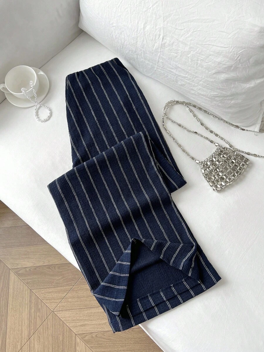 Elamini 女士休闲条纹宽松通勤裤，百搭日常穿着，学院风 - 藏蓝色 - 查看 1