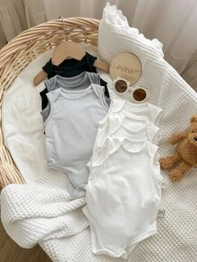 6pcs Dozemod Kids Newborn Baby Boy Simple Solid Color Comfortable Round Neck Sleeveless Bodysuit Set - Multicolor - View 3