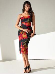 SHEIN PETITE Vestido elegante de Body entero con pliegues y estampado floral sin tirantes para mujer