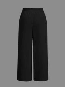 SHEIN EZwear Plus Size Women's Black Woven Loose Wide Leg Pants, Summer - Black - View 3