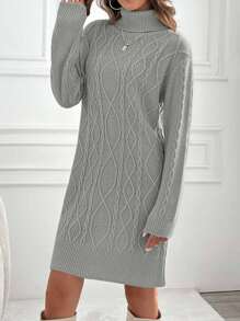 EURMUSE Knitwear Dress With Folded Neck And Cable Pattern,Winter Dresses For Women,Petite - Grey - View 5