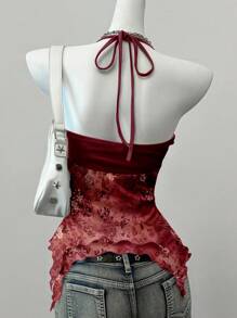 SHEIN EZwear Camiseta informal de encaje con estampado floral retro para mujer, adecuada para el verano