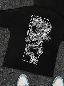 SHEIN 青少年男孩龙与字母印花落肩休闲针织 T 恤