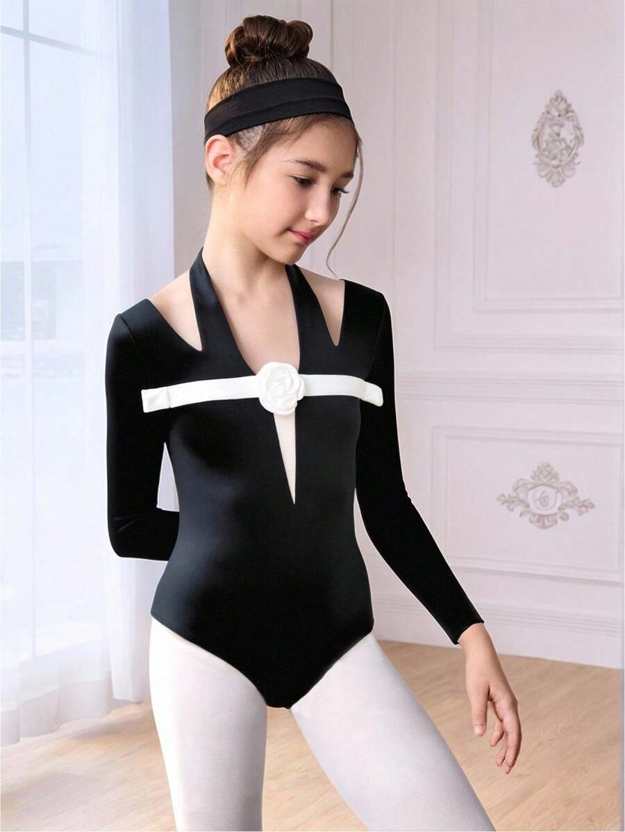 SHEIN Black Ballet Leotard For Tween Girls, Halter Neck Design, White Flower Decor On Front, Elegant & Versatile For All Seasons - Black - View 1