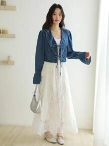 SHEIN EZwear 女士秋季领带长袖牛仔夹克，荷叶边开衫夹克，韩版风格，返校节礼服，女士秋季服装，复古风格女士 - 中等水洗藍 - 查看 2