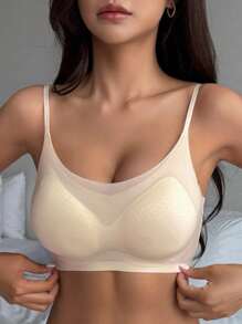 DAZY Sujetador de lencería para mujer de unicolor, sin costuras, con tirantes ajustables y ligeramente acolchado - Beis - Ver 6