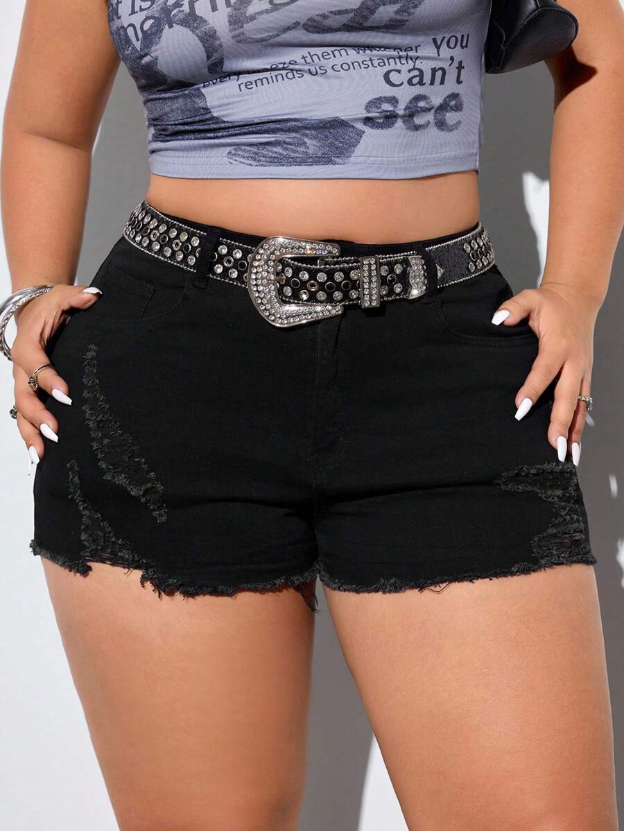 SHEIN ICON Pantaloni scurți skinny din denim rupt și casual pentru femei, mărime plus - Negru - Vizualizare 1