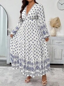 Elenzga Plus Size Women's Spring/Autumn Bohemian Floral Shirred A-Line Long Sleeve Maxi Dress, Elegant Casual Wear For Commute, Holiday, Afternoon Tea, Party - Multicolor - View 6