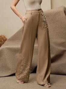 Anewsta Elegant Women Press Crease Faux Pearl Decor Pocket Long Pants, Modern & Fashion - Khaki - View 1