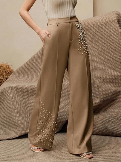 Anewsta Elegant Women Press Crease Faux Pearl Decor Pocket Long Pants, Modern & Fashion