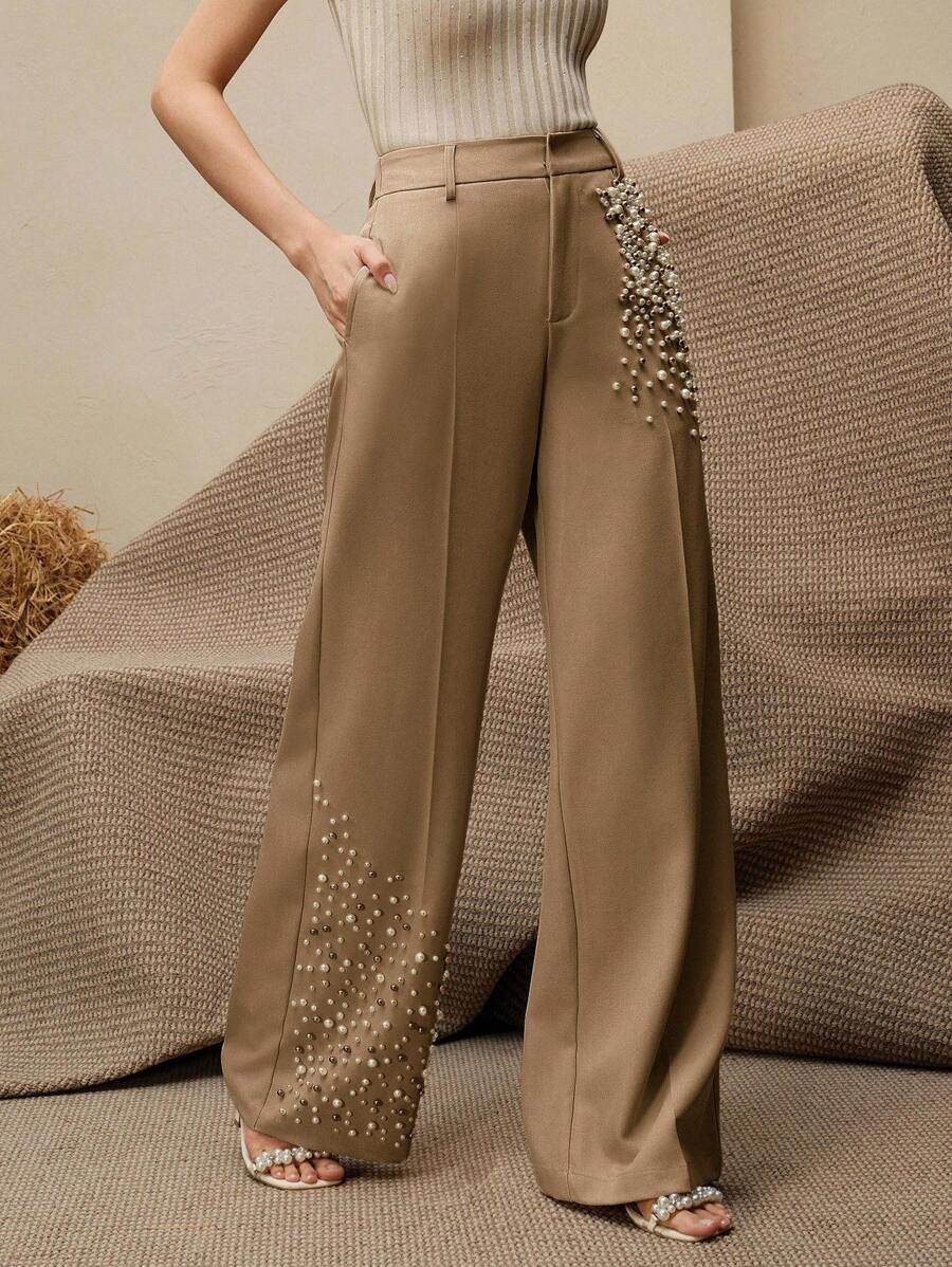 Anewsta Elegant Women Press Crease Faux Pearl Decor Pocket Long Pants, Modern & Fashion - Khaki - View 1