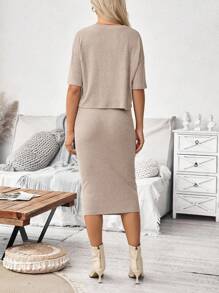 SHEIN Casual Dropped Shoulder T-Shirt And Ribbed Skirt Set - Khaki - View 2