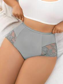 1 pieza Calzones cómodos de talla extra con entretejido de encaje y cintura alta transpirable - Gris - Ver 5