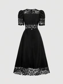SHEIN MOD Vestido de comprimento médio com patchwork de renda para mulher gentil - Preto - Ver 2