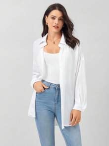 Miaspire 白色女式衬衫落肩纽扣沙滩衬衫 - 白色 - 查看 5