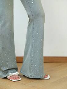 K-Vae Women's Light Wash Denim Flared Jeans With Sparkly Rhinestone Embellishments. Stylish Extra Long Bell Bottom Jeans For A Look.