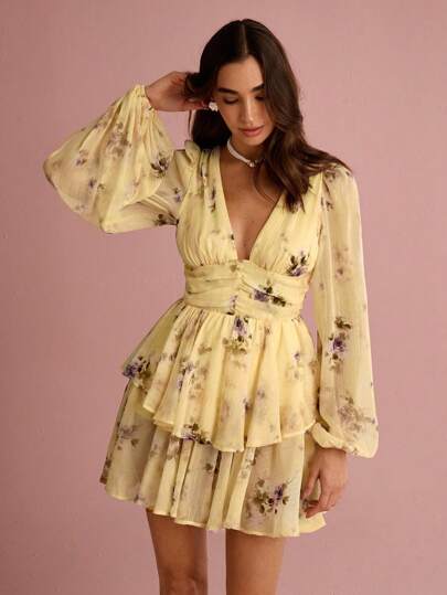 Enchnt Sommarromantisk semester elegant gul blommig heltäckande tryck djup V-ringning lanternärm dam sommar söt miniklänning, söt och elegant för semester och dejt och högtider och fest och examen och bröllopsgäster och strand, balklänning, sommarklänningar för kvinnor, sommarkläder, ,eleganta klänningar för fest, bohemiska kläder