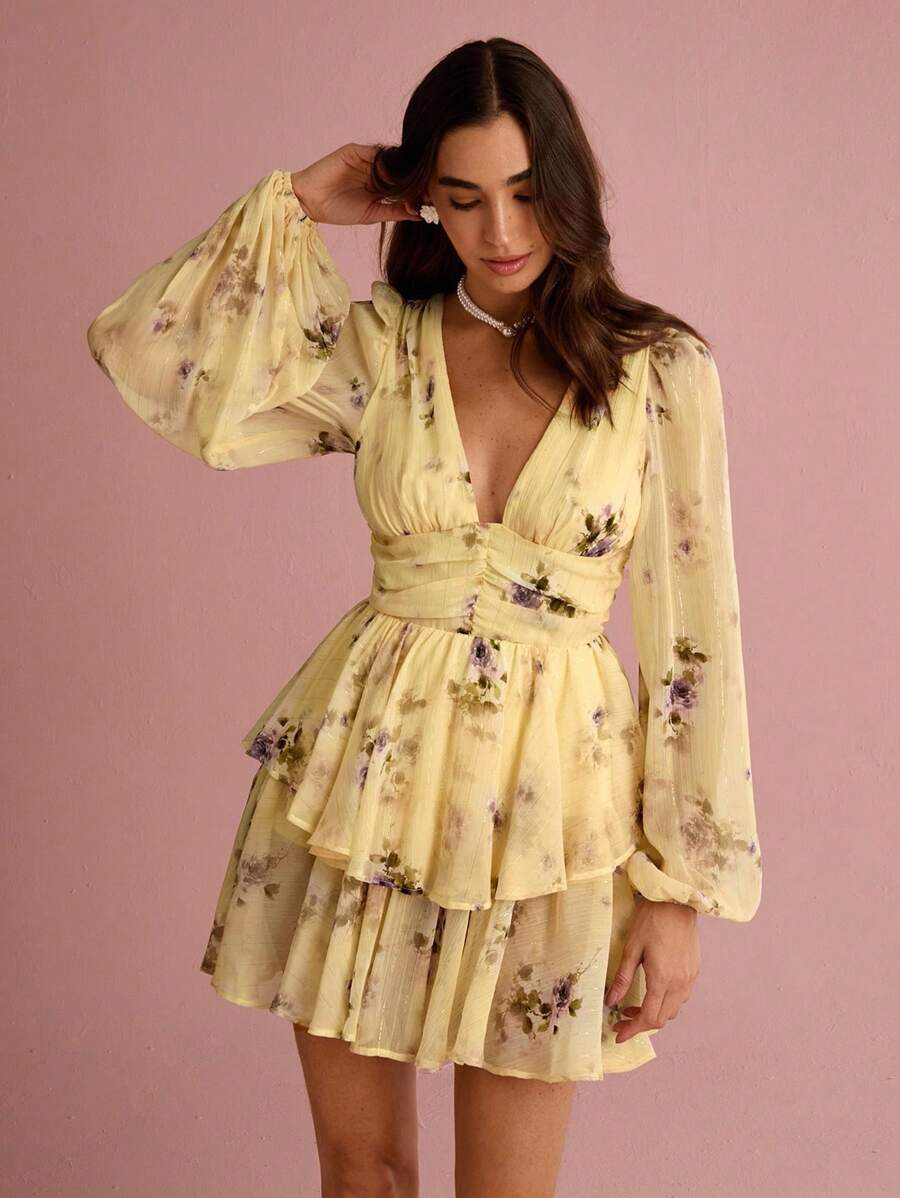 Enchnt Summer Romantic Holiday Elegant Yellow Floral Allover Print Deep V-Neck Lantern Sleeve Women's Summer Cute Mini Dress, Sweet&Elegant For Vacation&Date&Holiday&Party&Graduation&Wedding Guest&Beach,Prom Dress,Summer Dresses For Women,Summer Clothes, ,Elegant Dresses For Party,Bohemian Clothes - Yellow - View 1