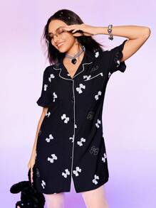 SHEIN 女式休闲前扣蝴蝶印花短袖睡袍，夏季 - 黑色 - 查看 6