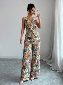 Elenzga 2 件套女士优雅黄色花卉套装，适合春季、秋季和冬季 - 彩色 - 查看 4