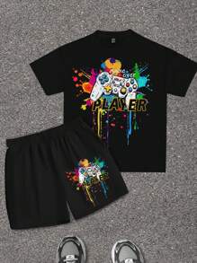 SHEIN 2 件套休闲青少年男孩彩色图形游戏控制器印花 T 恤和短裤套装（夏季） - 黑色 - 查看 3