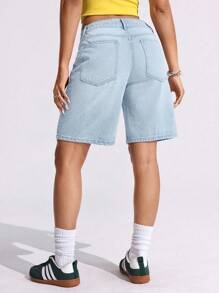 SHEIN ICON 女士纯色口袋设计休闲夏季牛仔短裤 - 淺色水洗藍 - 查看 2