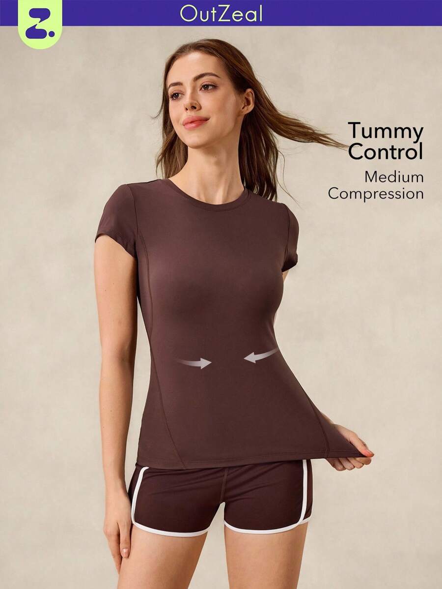 OutZeal 速干柔滑修身短袖女式T恤运动休闲健身运动T恤 - 咖啡棕 - 查看 1