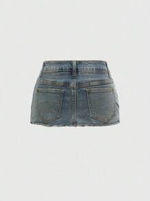 ROMWE Grunge Punk Street Fashion Hot Girl Asymmetrical Waist Contrast Color Patchwork Stretchy Low Waist Mini Denim Skirt For Women