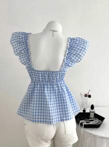 Elamini 女士蓝白格子V领褶皱腰部短袖休闲衬衫，夏季 - 藍白色 - 查看 2