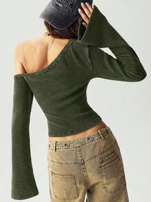 Bohemela Lässiges Strick-T-Shirt für Frauen mit einfarbigem Schalkragen, Glockenärmeln und tailliertem, verkürztem Schnitt