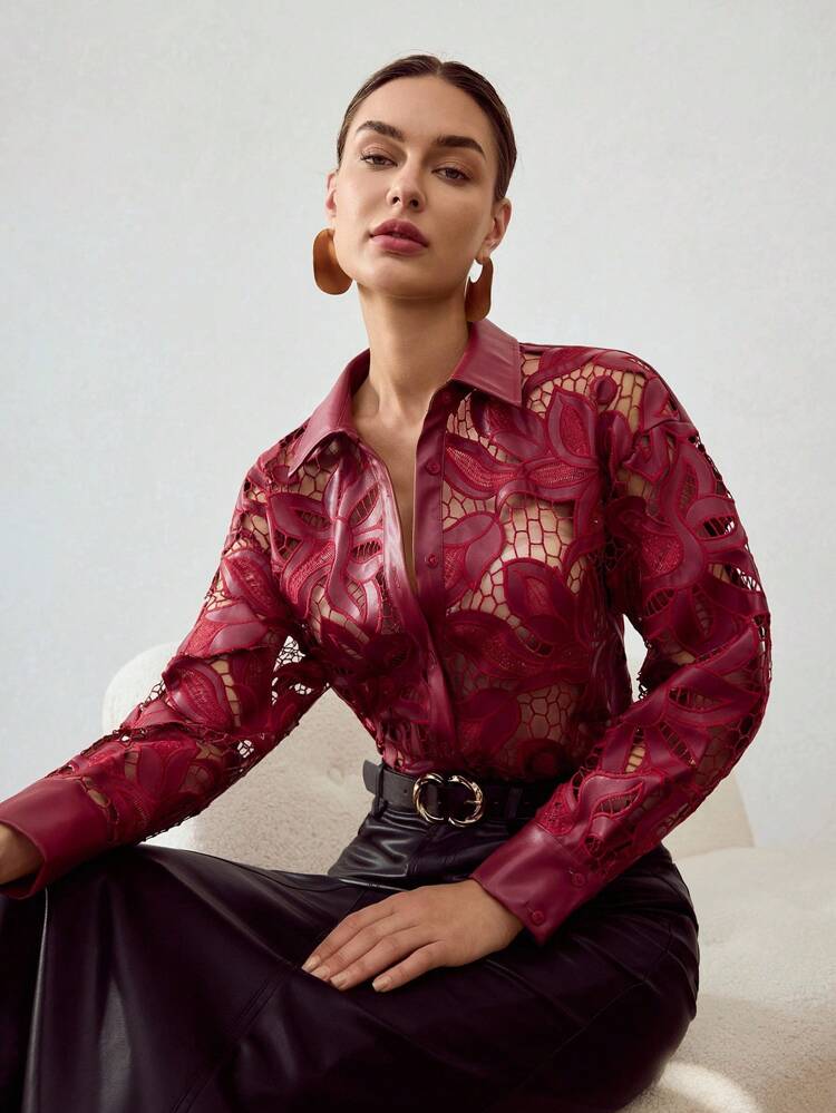 PU LEATHER FLORAL EMBROIDERY LASER CUT BLOUSE