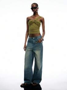 LYSMO Áo crop top nhún bèo màu trơn thời trang mùa hè dành cho nữ - Màu xanh Ô liu - Xem 9