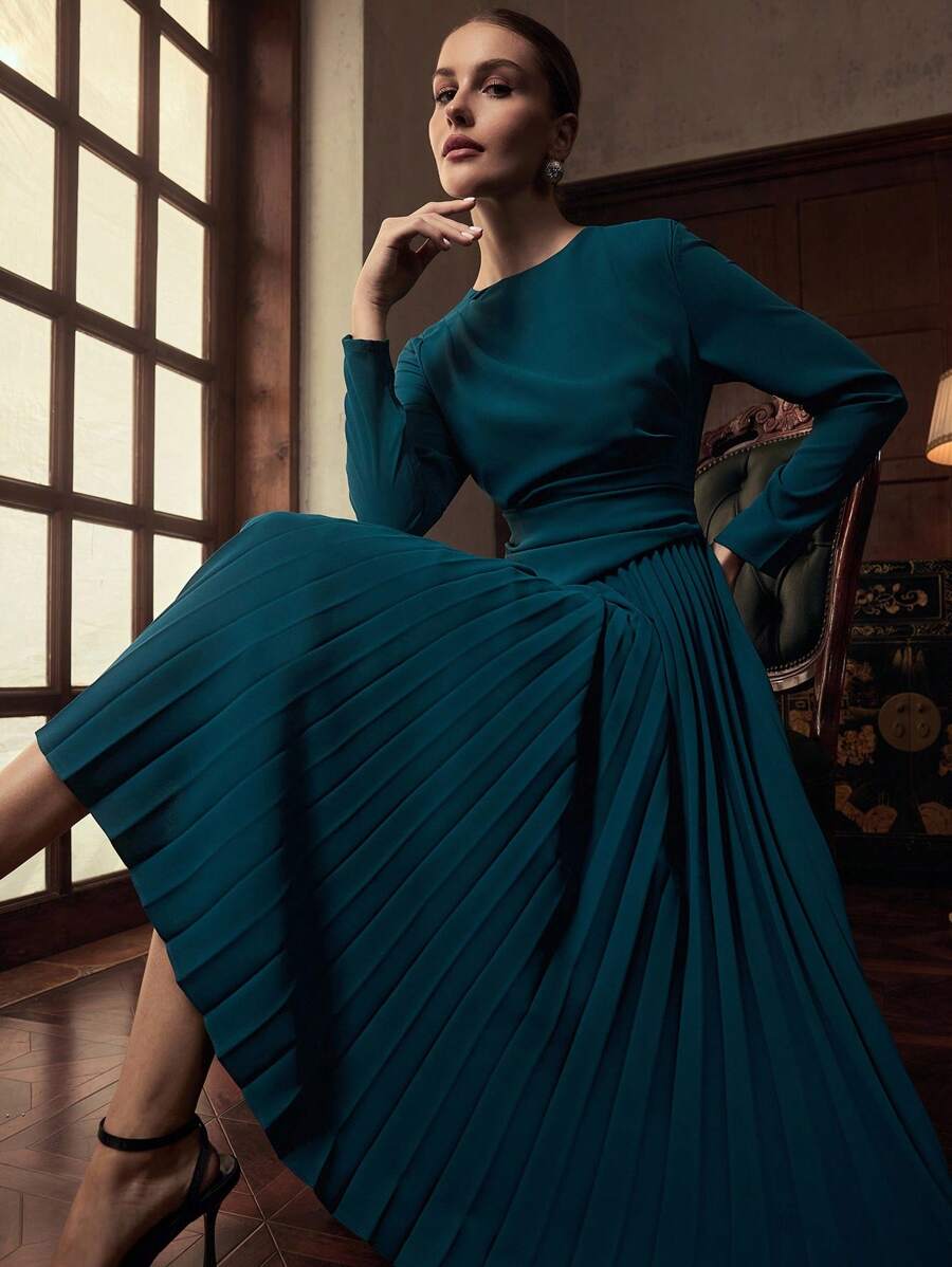 ZEYLAH Robe élégante de couleur unie avec ourlet plissé pour femmes