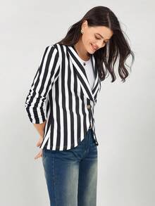 Miaspire Blazer de mujer con mangas abullonadas en rayas blancas y negras, adecuado para usar en la oficina y para vestir casual