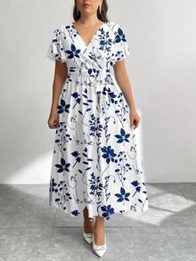 Firerie Casual Retro Blue & White Floral Print Loose Plus Size Dress, Suitable For Spring & Summer Flowy Dress Boho Suitable For Going Out Chic Dress - Blue and White - View 5