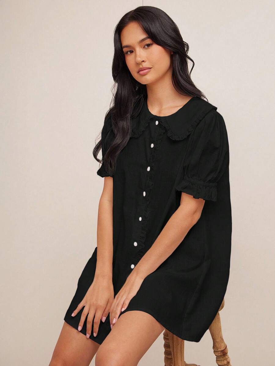 WESTFADE Váy boho cowgirl ngắn tay bồng cổ bèo nhún 100% cotton cài nút chữ A mini phong cách Nashville Rodeo Vacation Brunch Outfit dễ thương - màu đen - Xem 1