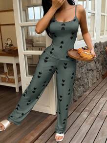 SHEIN 女士心形印花针织吊带背心和休闲裤睡衣套装，舒适休闲，四季皆宜 - 綠色 - 查看 2