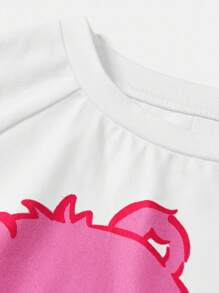 SHEIN X Care Bears 青少年女孩 2 件套粉色熊和星星印花针织短袖 T 恤和全身印花短裤睡衣套装，适合夏季 - 粉色 - 查看 3
