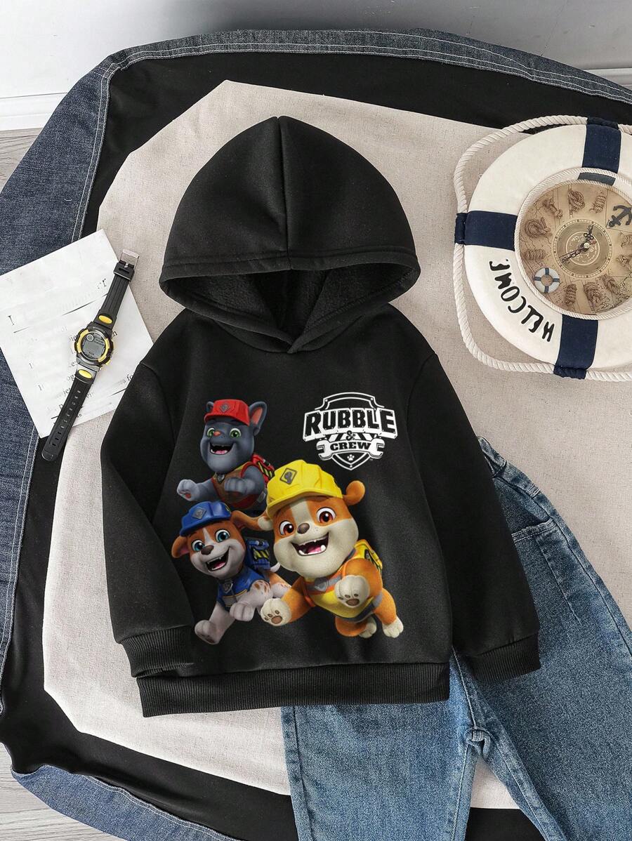 Rubble X SHEIN Young Boy Casual Cartoon Pattern Hooded Sweatshirt, Suitable For Autumn/Winter Fall - Black - View 1